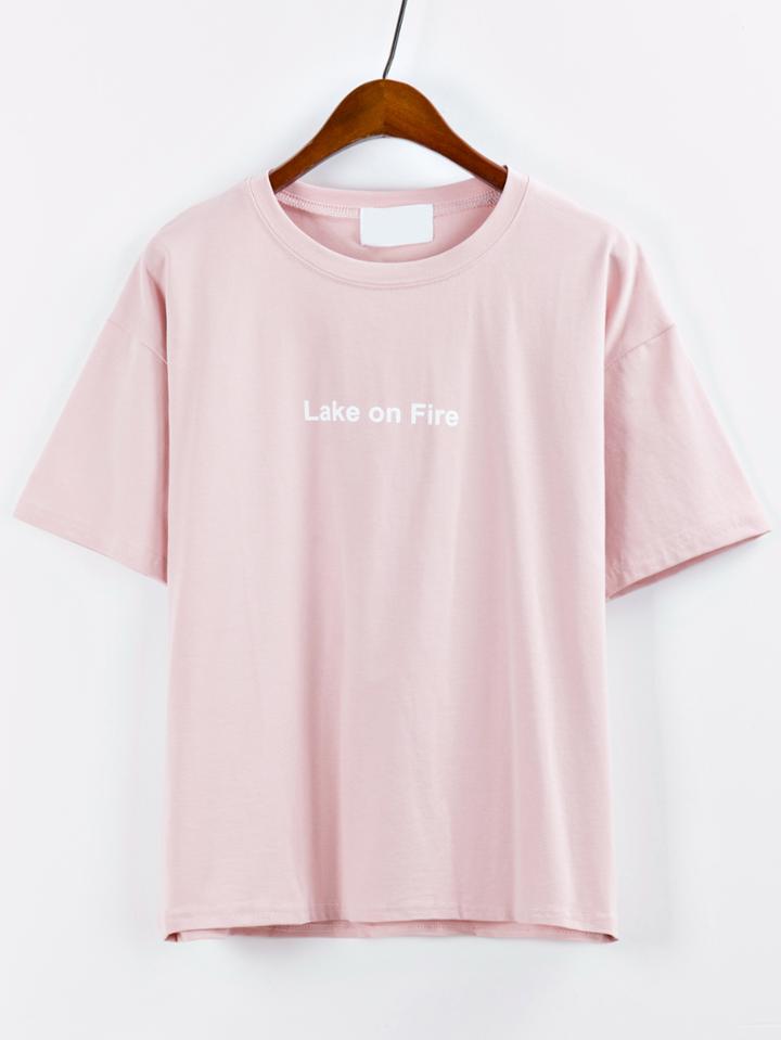 Romwe Letter Print Pink T-shirt