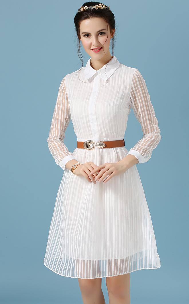 Romwe Lapel With Belt Vertical Striped Shirt White Dress