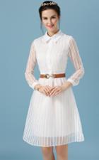 Romwe Lapel With Belt Vertical Striped Shirt White Dress