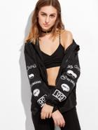 Romwe Black Printed Zipper Hooded Jacket With Tape Detail