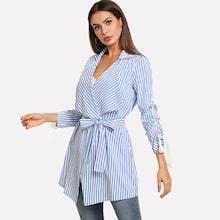 Romwe Waist Belted Drawstring Striped Coat