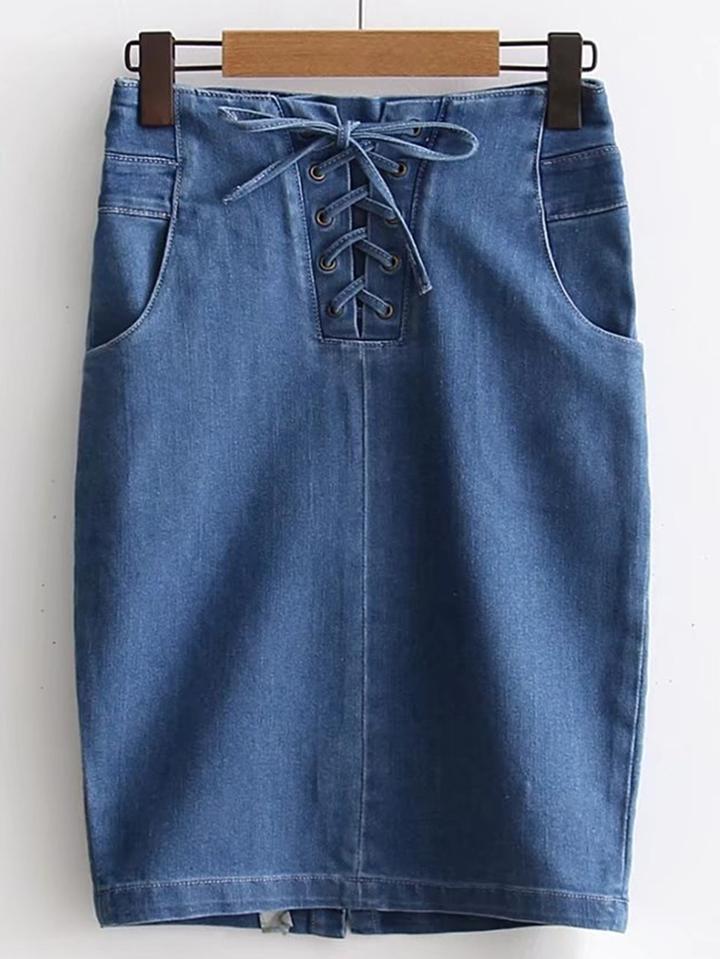 Romwe Lace Up Grommet Zipper Back Denim Skirt