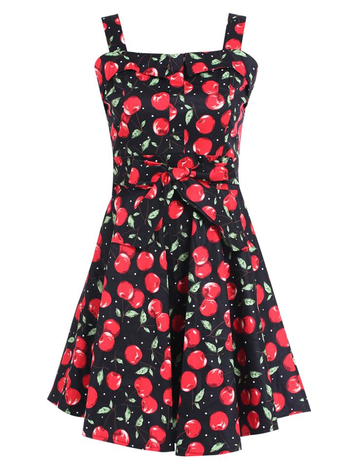 Romwe Straps Cherry Print With Bow Black Dress