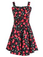 Romwe Straps Cherry Print With Bow Black Dress