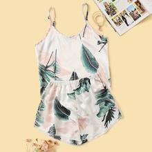 Romwe Tropical Print Satin Cami Pj Set