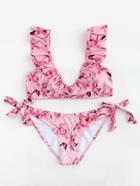 Romwe Floral Print Frill Trim Tie Side Bikini Set