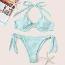 Romwe Striped Triangle Halter Top With Tie Side Bikini