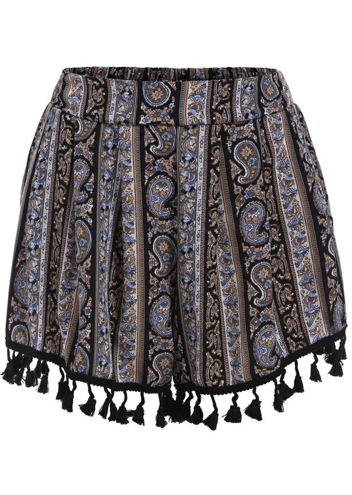 Romwe Tribal Print With Tassel Yellow Shorts