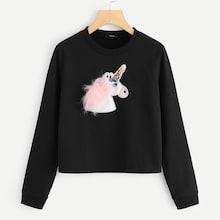 Romwe Round Neck Unicorn Applique Sweatshirt