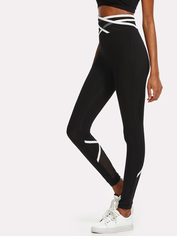 Romwe Crisscross Mesh Waist And Back Leggings