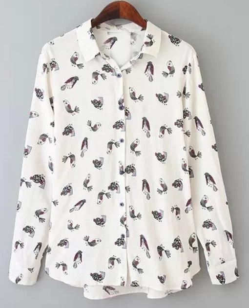 Romwe Birds Print Lapel Loose Blouse