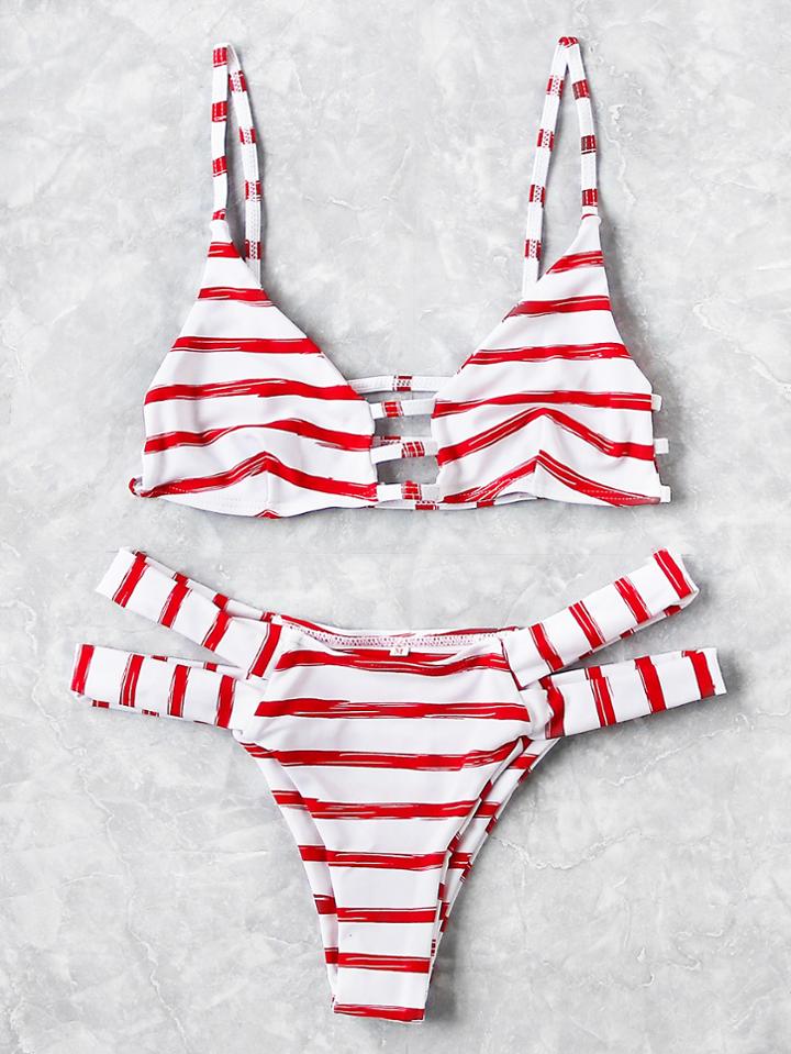 Romwe Striped Print Ladder Cutout Bikini Set