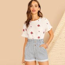 Romwe Paperbag Waist Button Front Striped Cuffed Shorts
