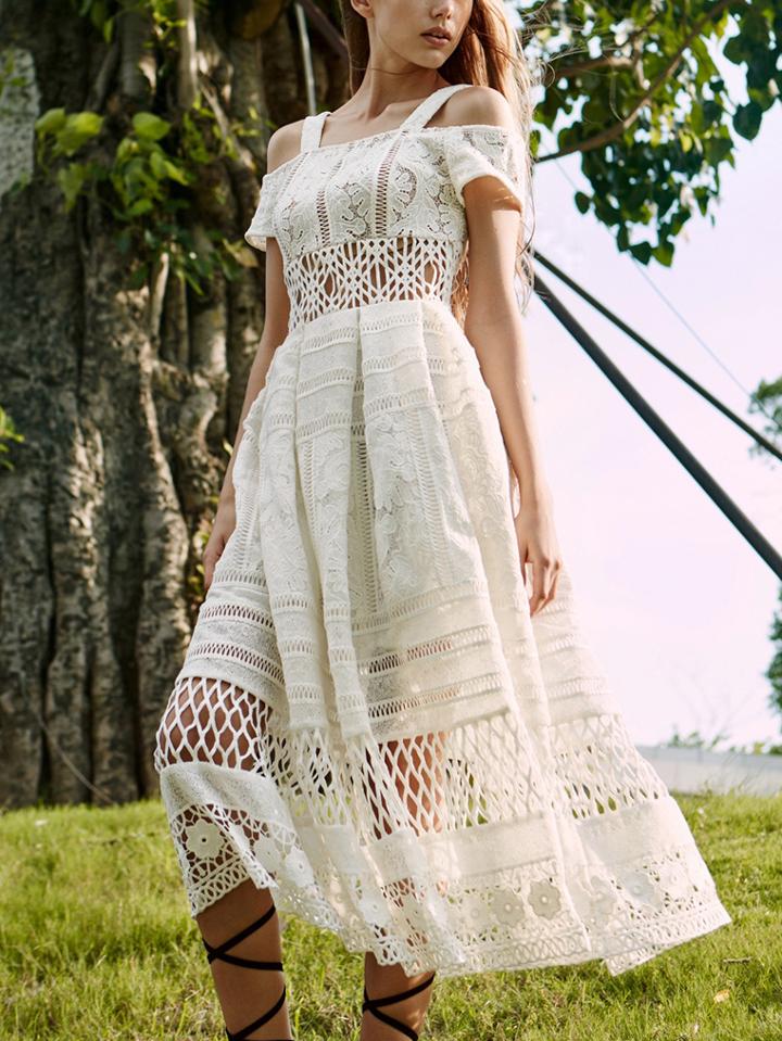 Romwe Cold Shoulder Hollow Lace White Dress