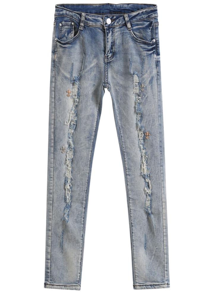 Romwe Cross Embellished Ripped Denim Pant