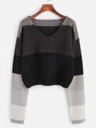 Romwe Color Block V Neck Crop Sweater