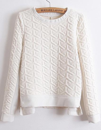 Romwe Zipper Jacquard White Sweatshirt