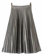 Romwe Silver Zipper Side Pleated Flare Skirt
