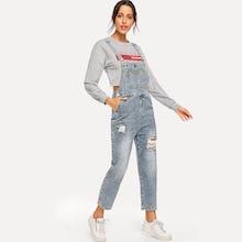 Romwe Ripped Faded Wash Denim Overalls