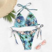 Romwe Random Tropical Halter Top With Tie Side Bikini