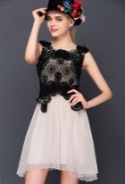 Romwe Apricot Contrast Black Round Neck Embroidered Dress