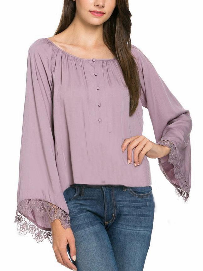 Romwe Bell Sleeve Lace Insert Buttons Shirt