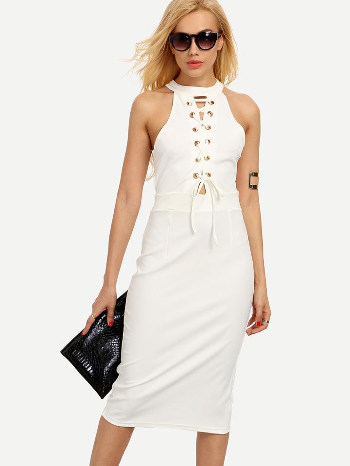Romwe Halter Neck Lace-up Slit Back Sheath Dress - White