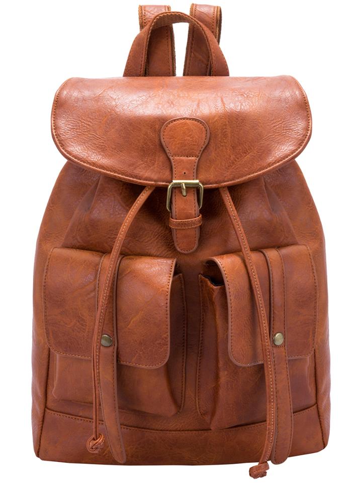 Romwe Brown Buckle Drawstring Pu Backpack