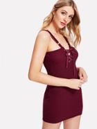 Romwe Eyelet Lace Up Ribbed Cami Dress