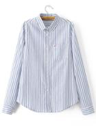 Romwe Blue Vertical Striped Seagull Embroidered Pocket Blouse