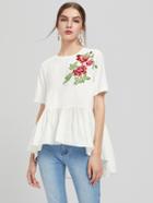 Romwe Embroidered Flower Patch Mixed Media Smock Top