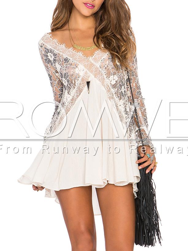 Romwe Apricot Long Sleeve With Lace Pleated Dress