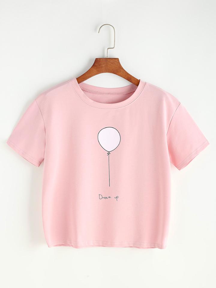 Romwe Pink Balloon Print T-shirt