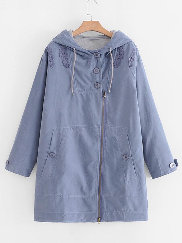 Romwe Embroidered Detail Longline Hooded Coat