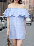 Romwe Blue Vertical Striped Ruffle Off The Shoulder Dress