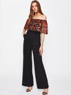 Romwe Embroidered Mesh Flounce Trim Off Shoulder Palazzo Jumpsuit