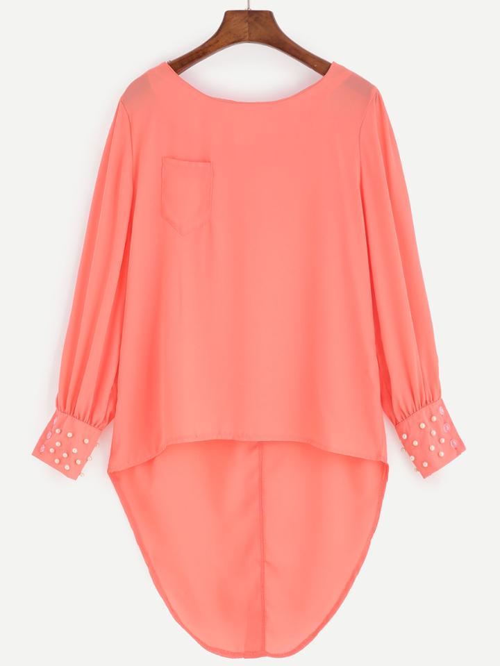 Romwe Dip Hem Button Back Beaded Blouse