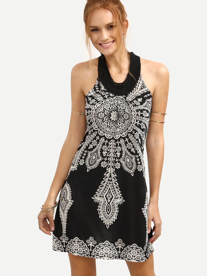 Romwe Keyhole Halter Neck Vintage Print Dress - Black