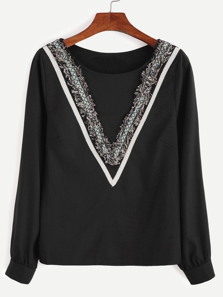 Romwe Black Embroidered Tape Detail Fringe Blouse