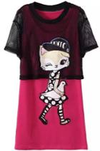 Romwe Short Sleeve Cat Patch Rose Red Dress