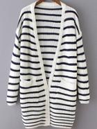 Romwe Striped Pockets White Coat