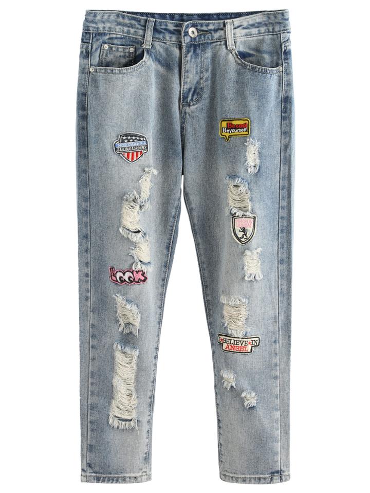 Romwe Blue Ripped Patches Bleach Wash Jeans