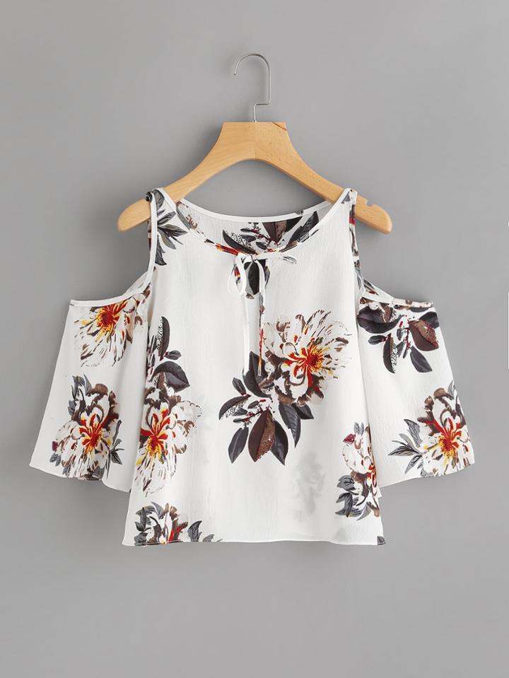 Romwe Open Shoulder Floral Print Self Tie Neck Blouse