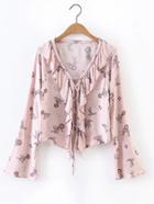 Romwe Bell Sleeve Lace Up Front Ruffle Blouse