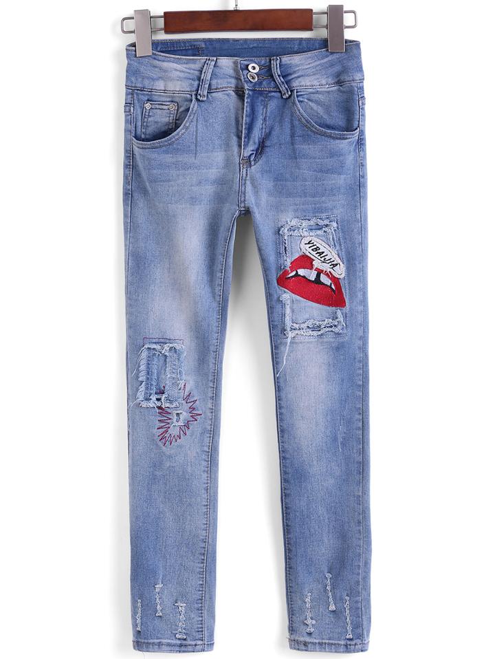 Romwe Ripped Red Lip Patch Slim Denim Pant
