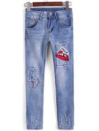 Romwe Ripped Red Lip Patch Slim Denim Pant