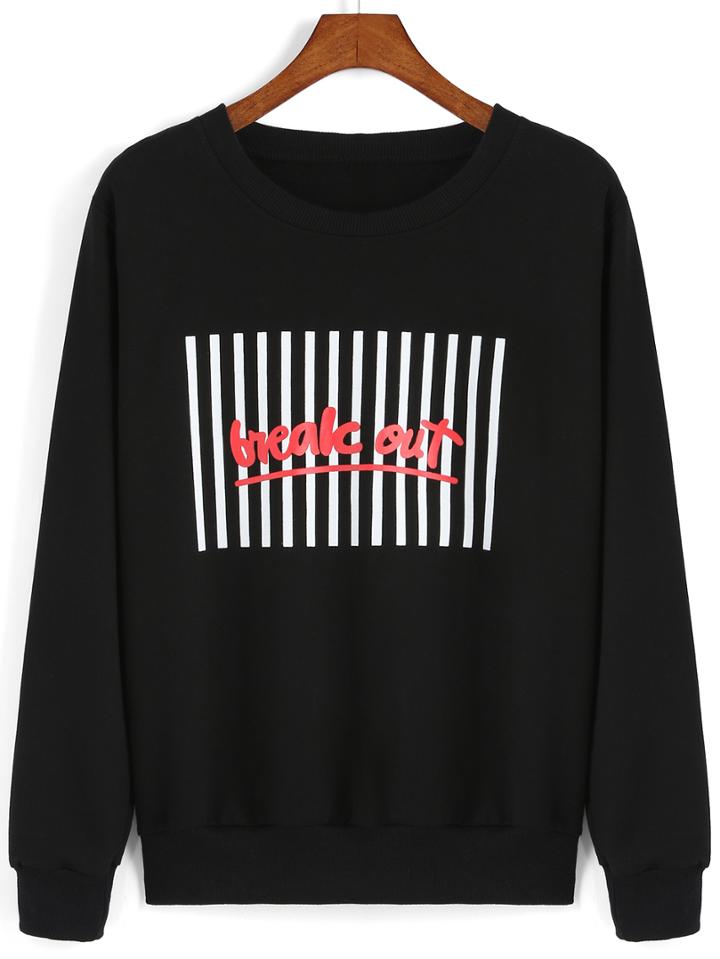 Romwe Vertical Striped Letter Print Black Sweatshirt