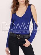 Romwe Blue V Neck Cut-out Long Sleeve Crisscross Back T-shirt
