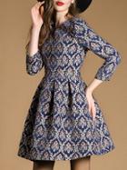 Romwe Blue Round Neck Length Sleeve Pockets Print Dress