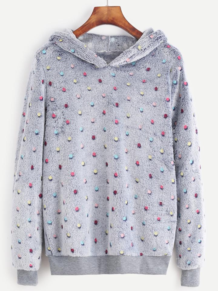 Romwe Polka Dot Hooded Fuzzy Sweatshirt